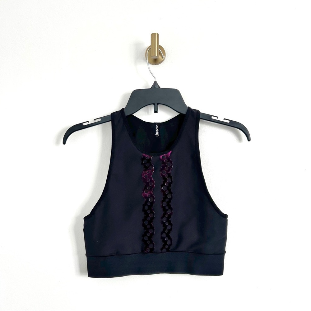 Ultracor Black Longline Sports Bra Cropped Tank Purple Velvet Detail Size Medium